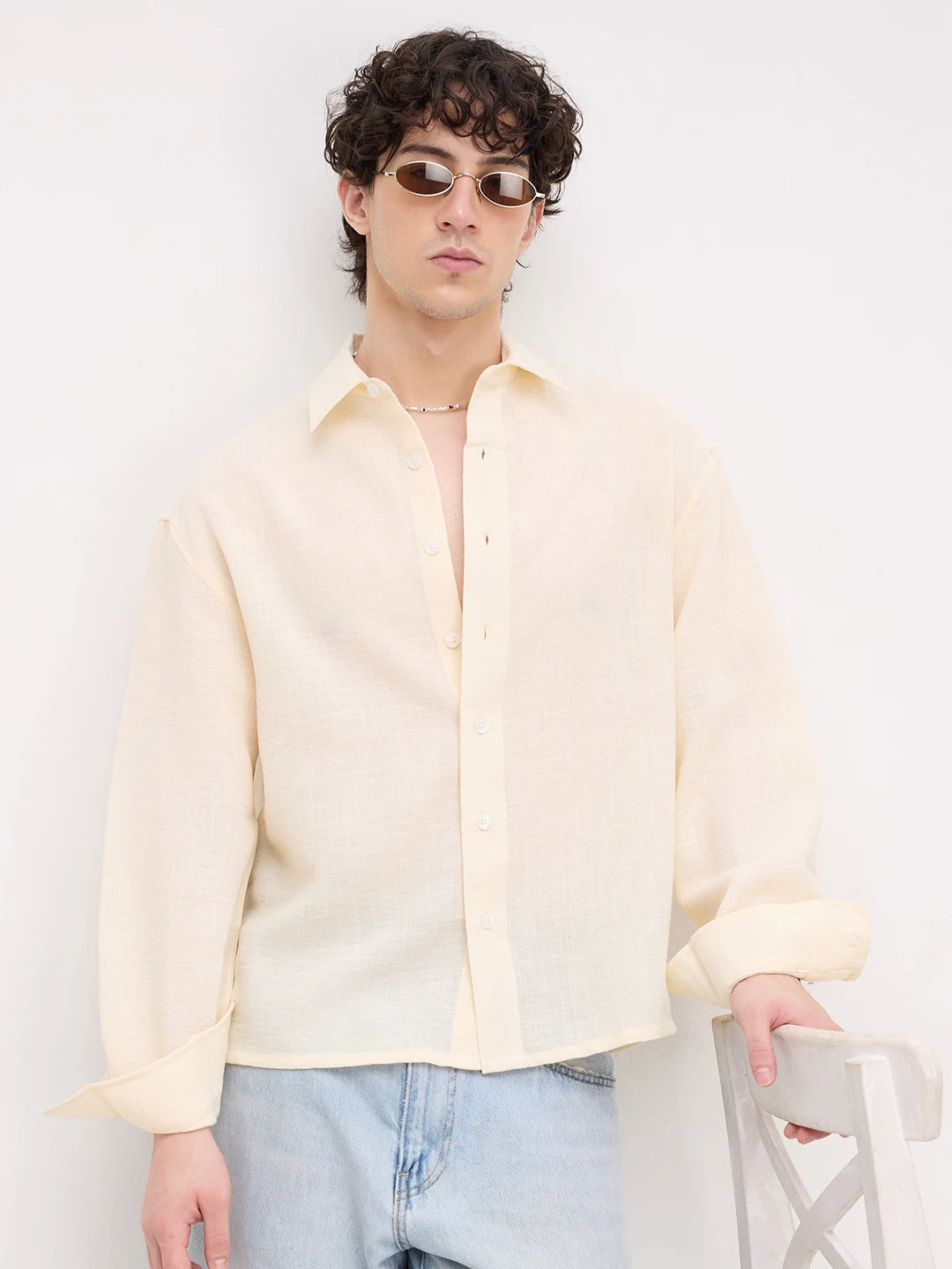 Plush Butter Yellow Sheer Weave Boxy Fit Crop Shirt