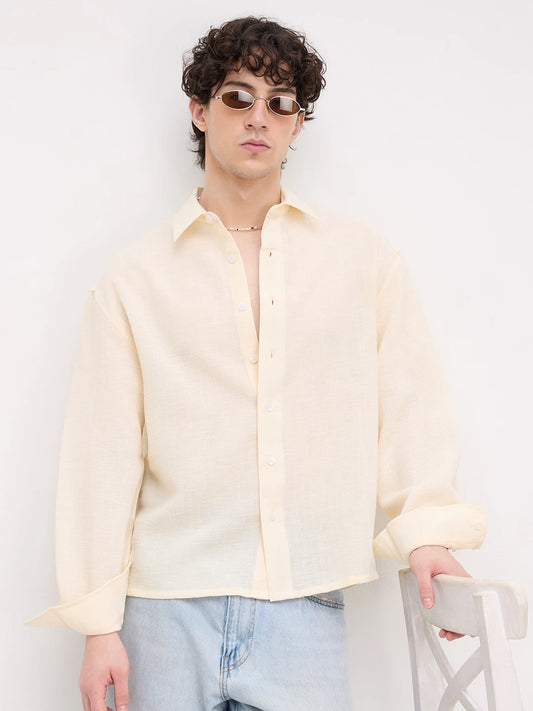 Plush Butter Yellow Sheer Weave Boxy Fit Crop Shirt
