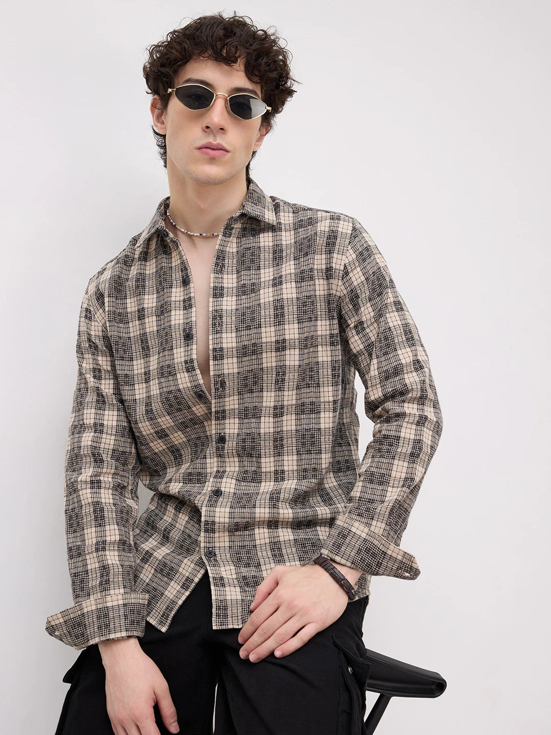 Vintage Beige Plaid Checks Shirt