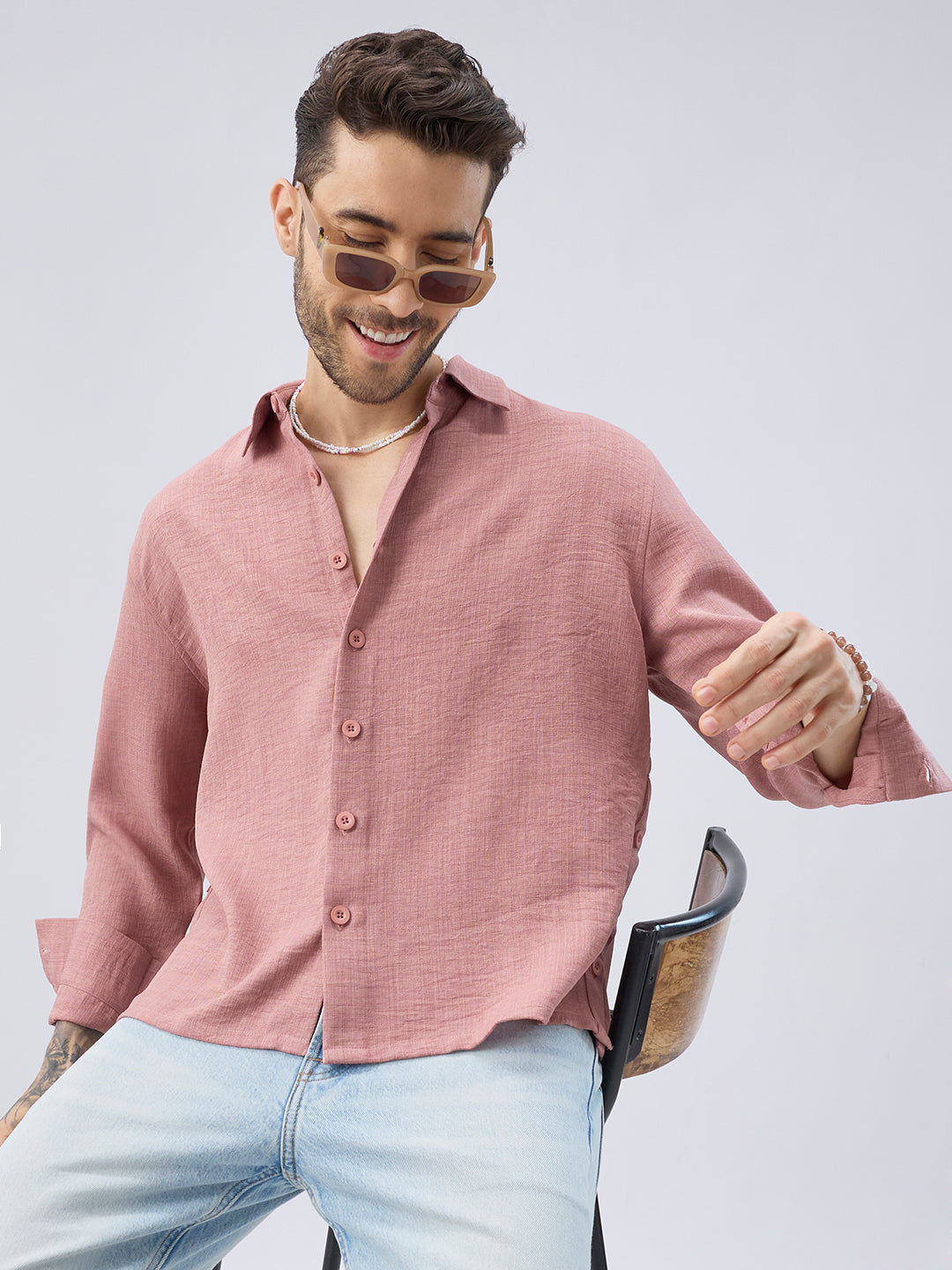 Turkish Rose Pink Slub Textured Side-Slit Button Crop Shirt