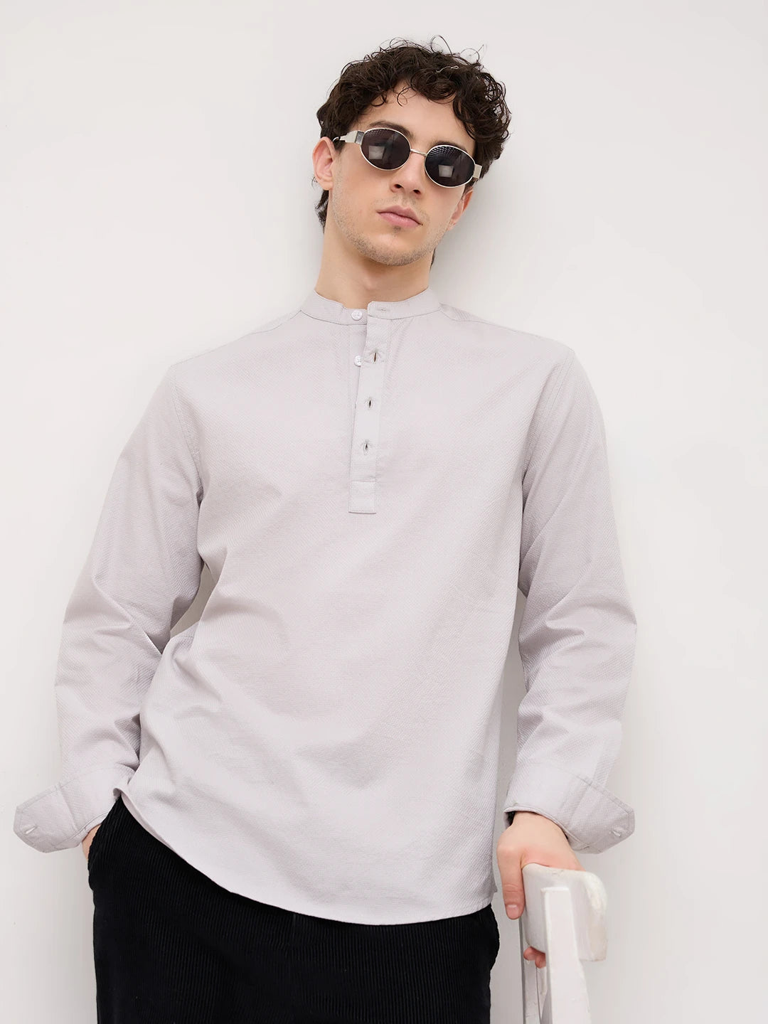 Grey Micro Basket Weave Kurta
