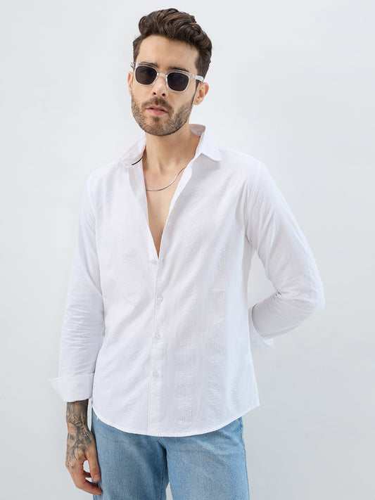 Minimalist Pure White Fine Line Seersucker Stripe Shirt