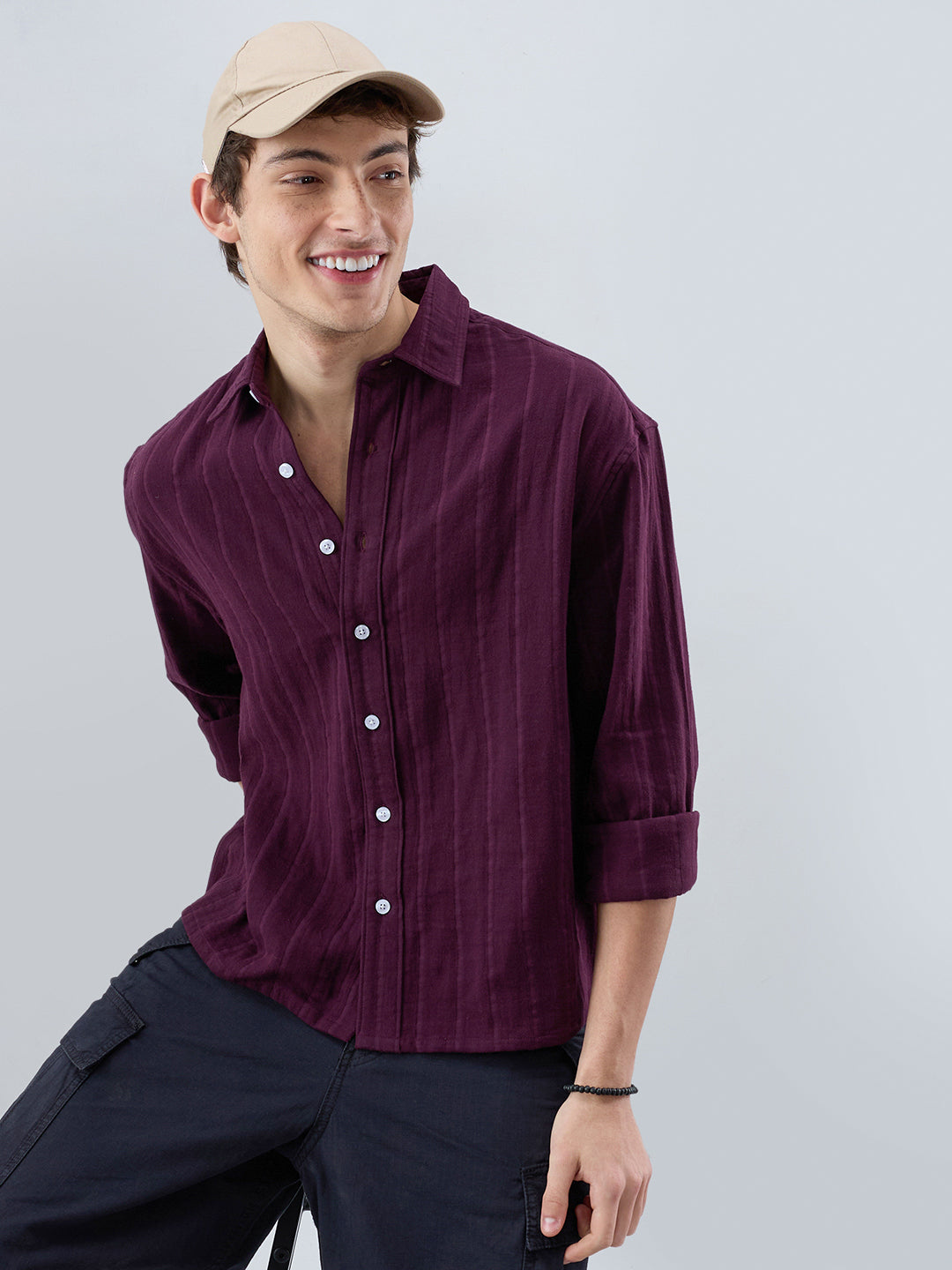 Elegant Wine Double Cloth Seersucker Striped Boxy Fit Crop Shirt
