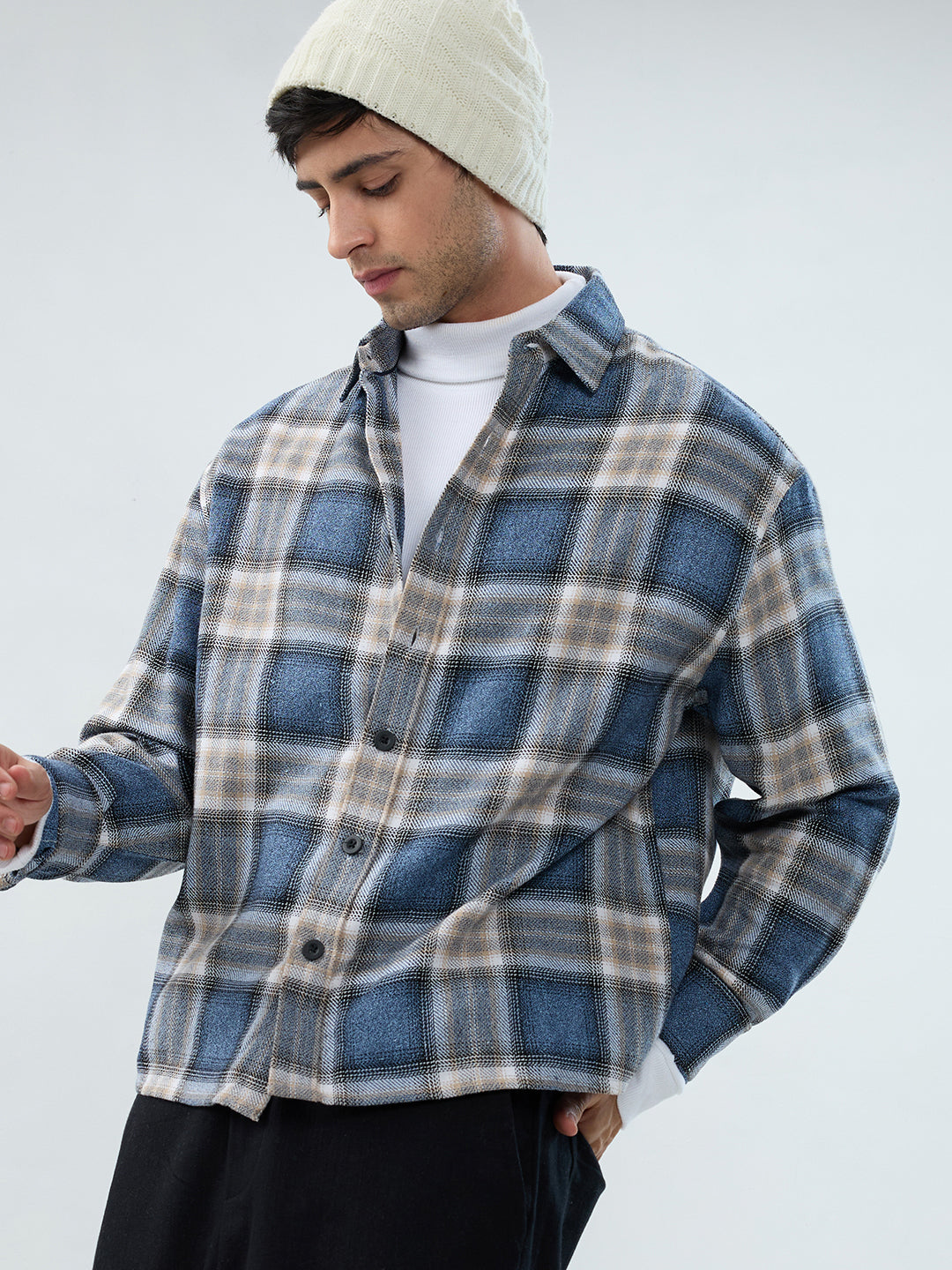 Aegean Blue Checkered Boxy Fit Crop Shirt