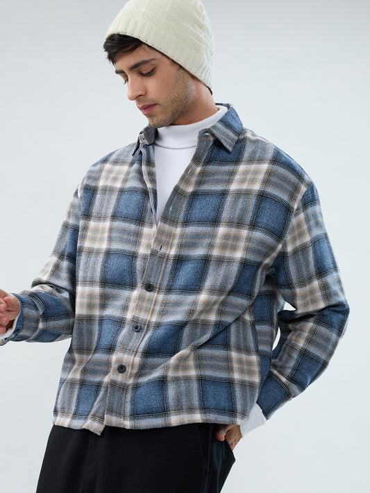 Aegean Blue Checkered Boxy Fit Crop Shirt