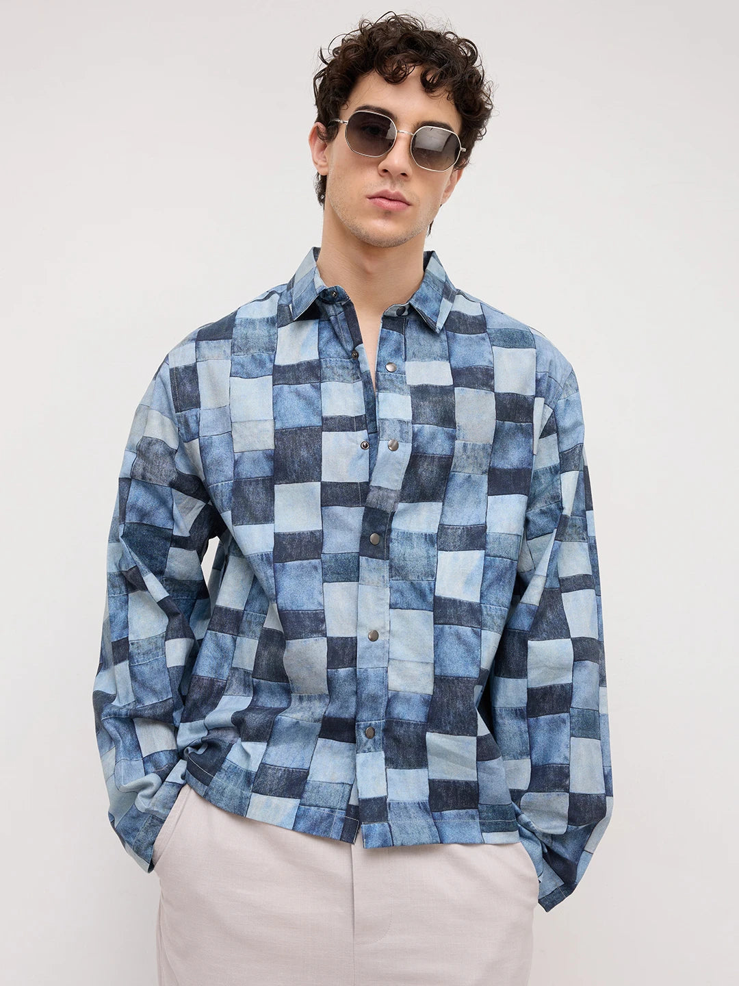 Ocean Blue Abstract Printed Cuffless Oversized Shirt