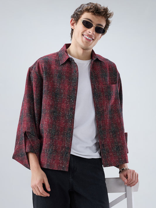 Silsila Shaam Glossy Maroon Textured Oversized Crop Shirt