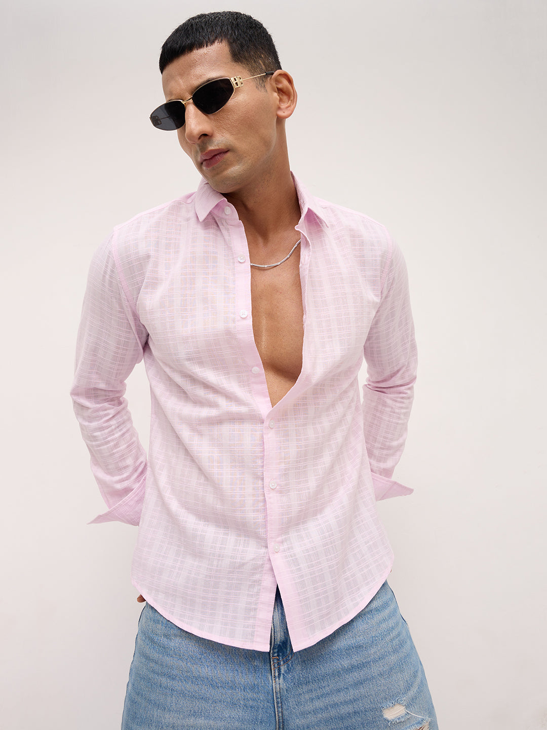 Soft Blush Pink Sheer Windowpane Checks Textured  Weave Shirt