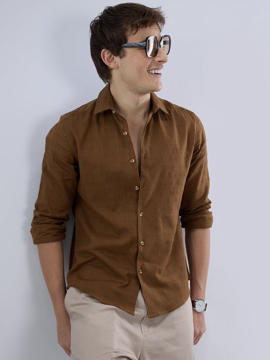 Russet Brown Micro Grid Weave Textured Shirt