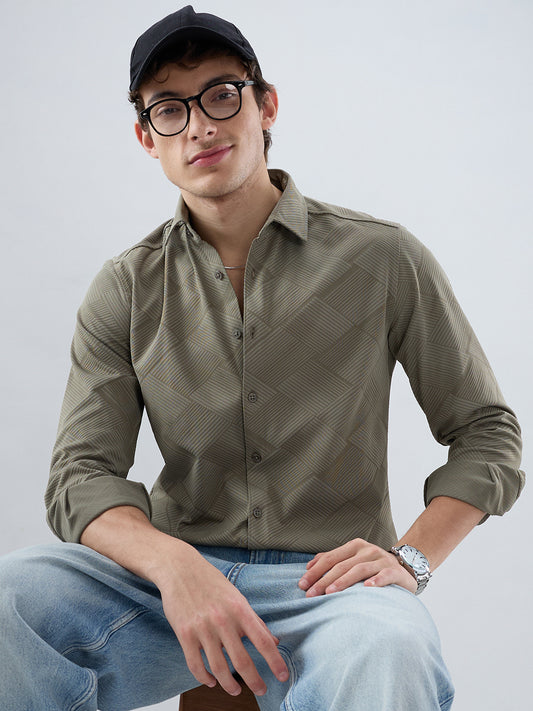 Intricate Olive Block Weave Knitted Shirt
