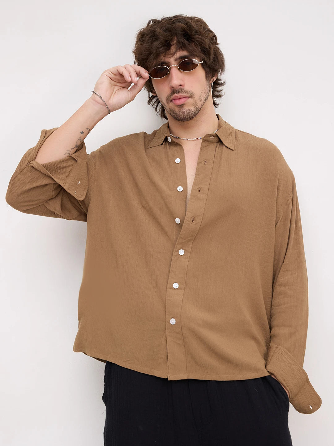 Chocolate Brown Crepe Textured Boxy Fit Crop Shirt