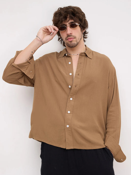 Chocolate Brown Crepe Textured Boxy Fit Crop Shirt