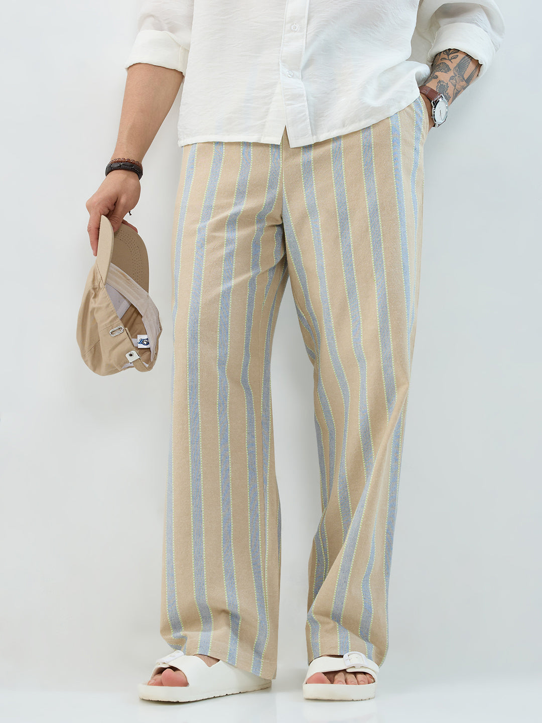 Camel Beige & Navy Striped Straight-Fit Trousers