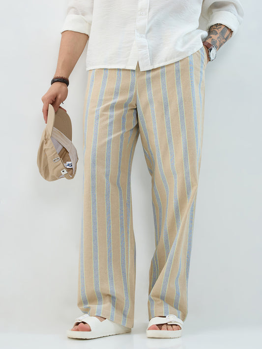 Camel Beige & Navy Striped Straight-Fit Trousers