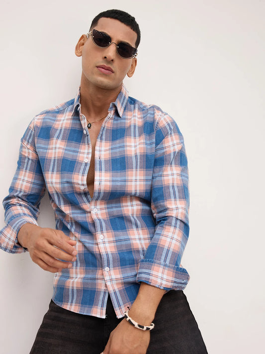 Premium Powder Blue Field Checks Denim Jacquard Shirt