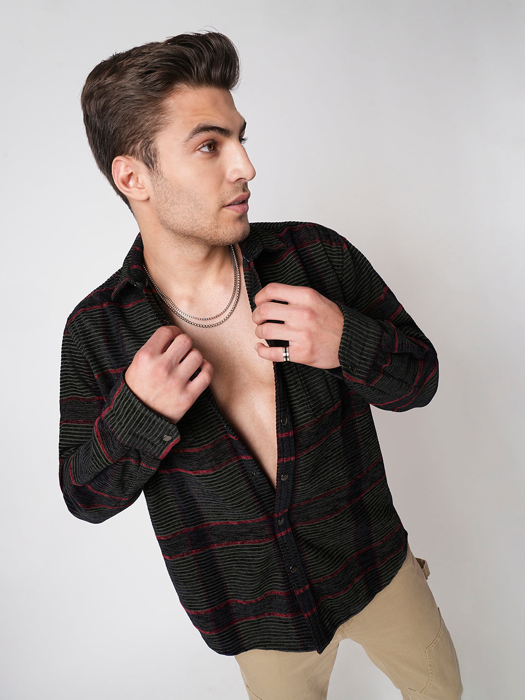 Forest Green Checks Double Flap Pocket Corduroy Shirt