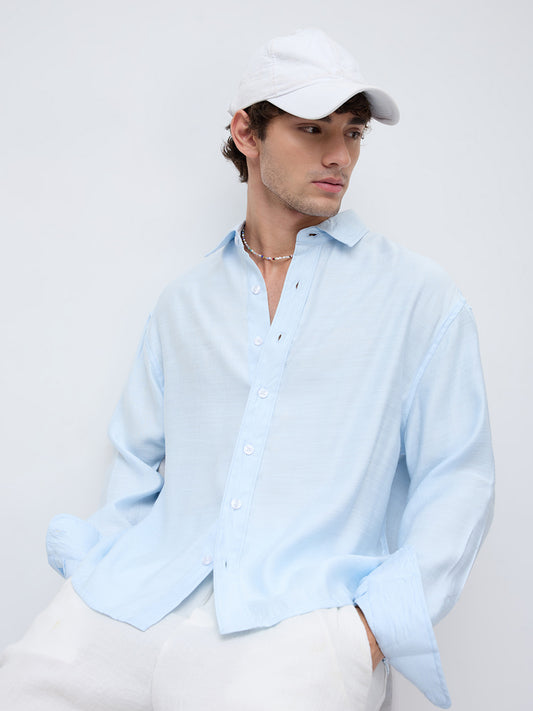 Arctic Breeze Textured Linen Blend Boxy Fit Crop Shirt