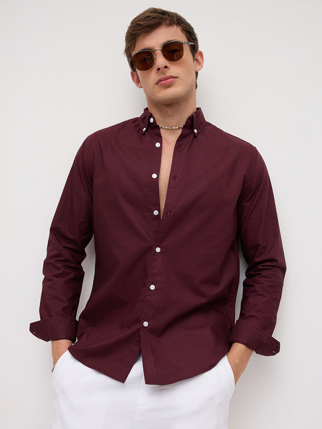 Elegant Wine Oxford Button-Down Collar Business Shirt