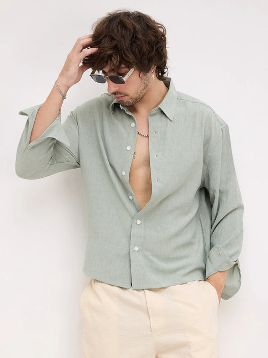 Serene Sage Green Finegrain Weave Boxy Fit Crop Shirt