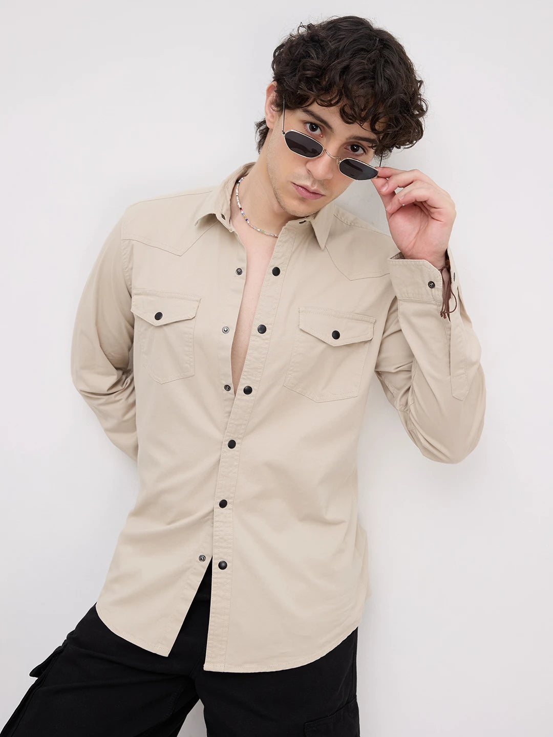 Stone Beige Contrast Stitch Twin Pocket Shirt