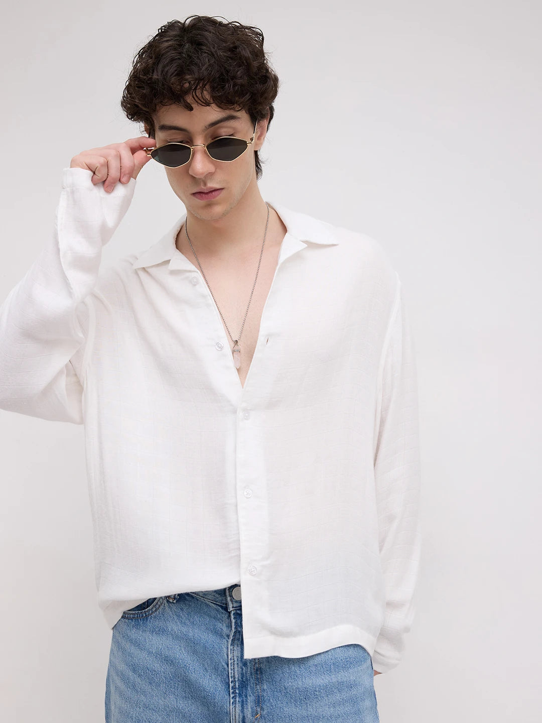 Cloud White Square Weave Double Cloth Notch Collar Oversized Shirt