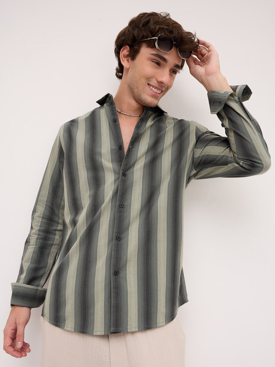 Olive Atrisan Shadow Woven Striped Statement Shirt