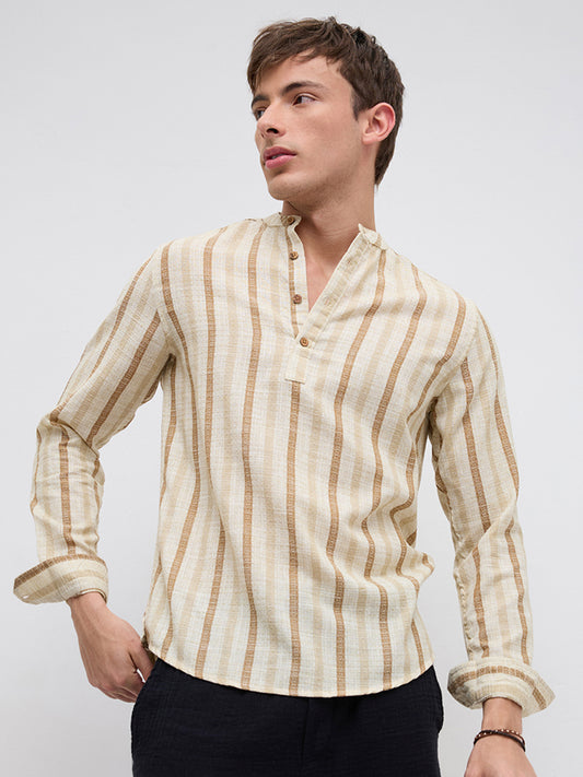 Dessert Sand Beige Jacquard Woven Striped Kurta
