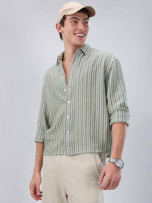 Moss Green Linear Striped Lightweight Crinkled Boxy Fit Crop Shirt