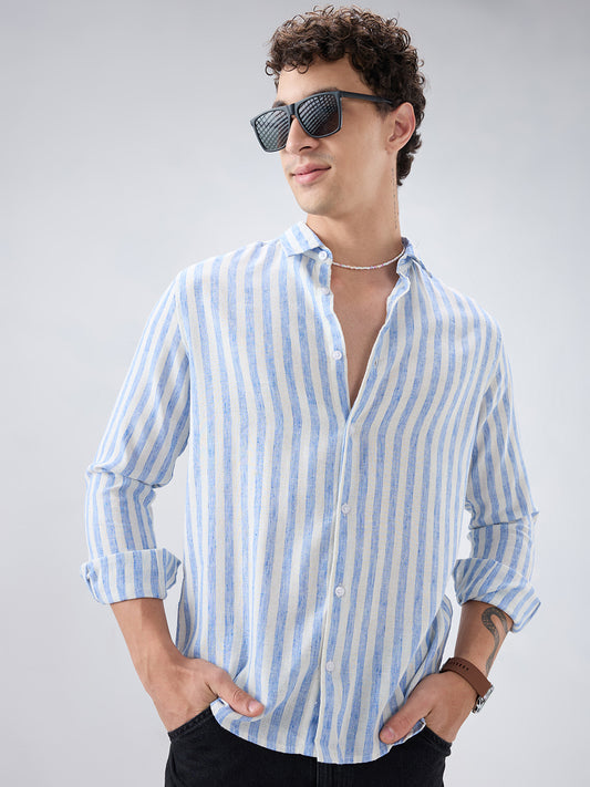 Blue & Ivory Balanced Striped Linen Blend Shirt