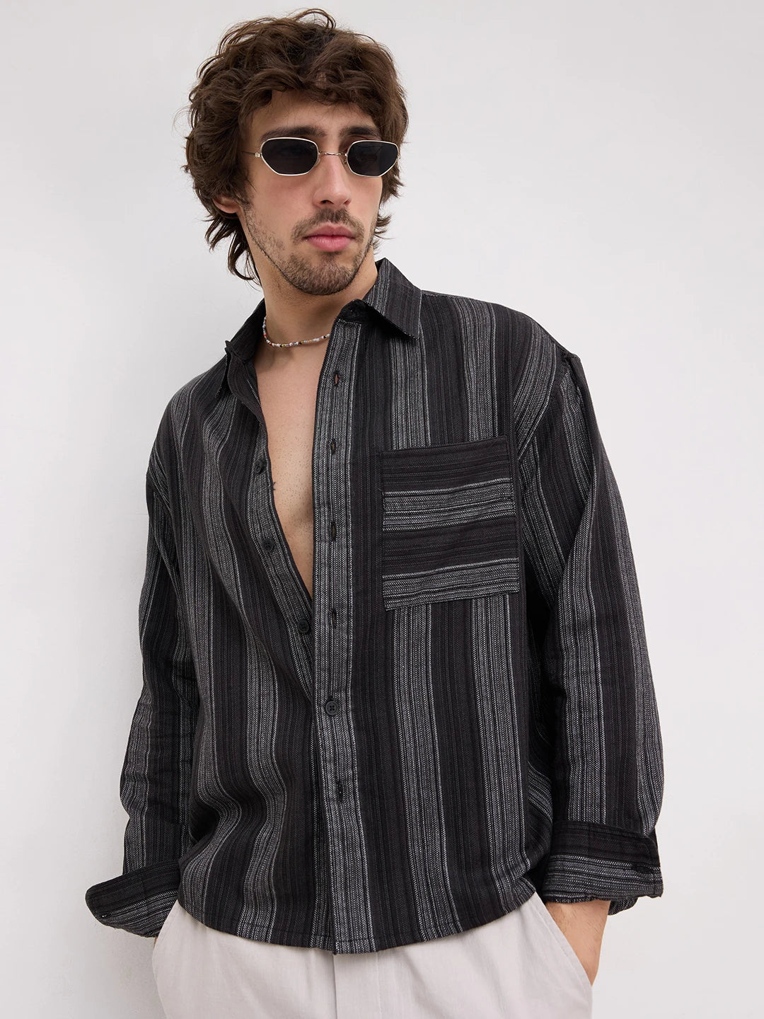 Black Metallic Microline Vertical Loom Boxy Fit Crop Shirt