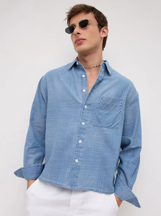 Luxe Denim Checks Boxy Fit Crop Shirt