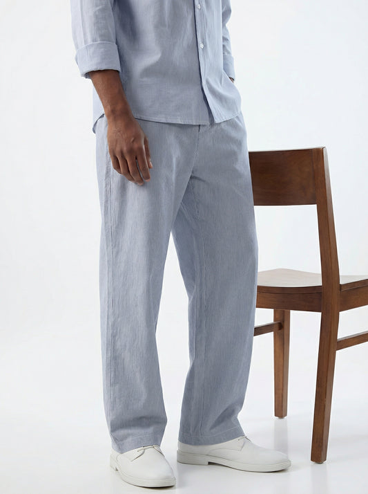 Blue & White Hairline Striped Straight-Fit Trousers