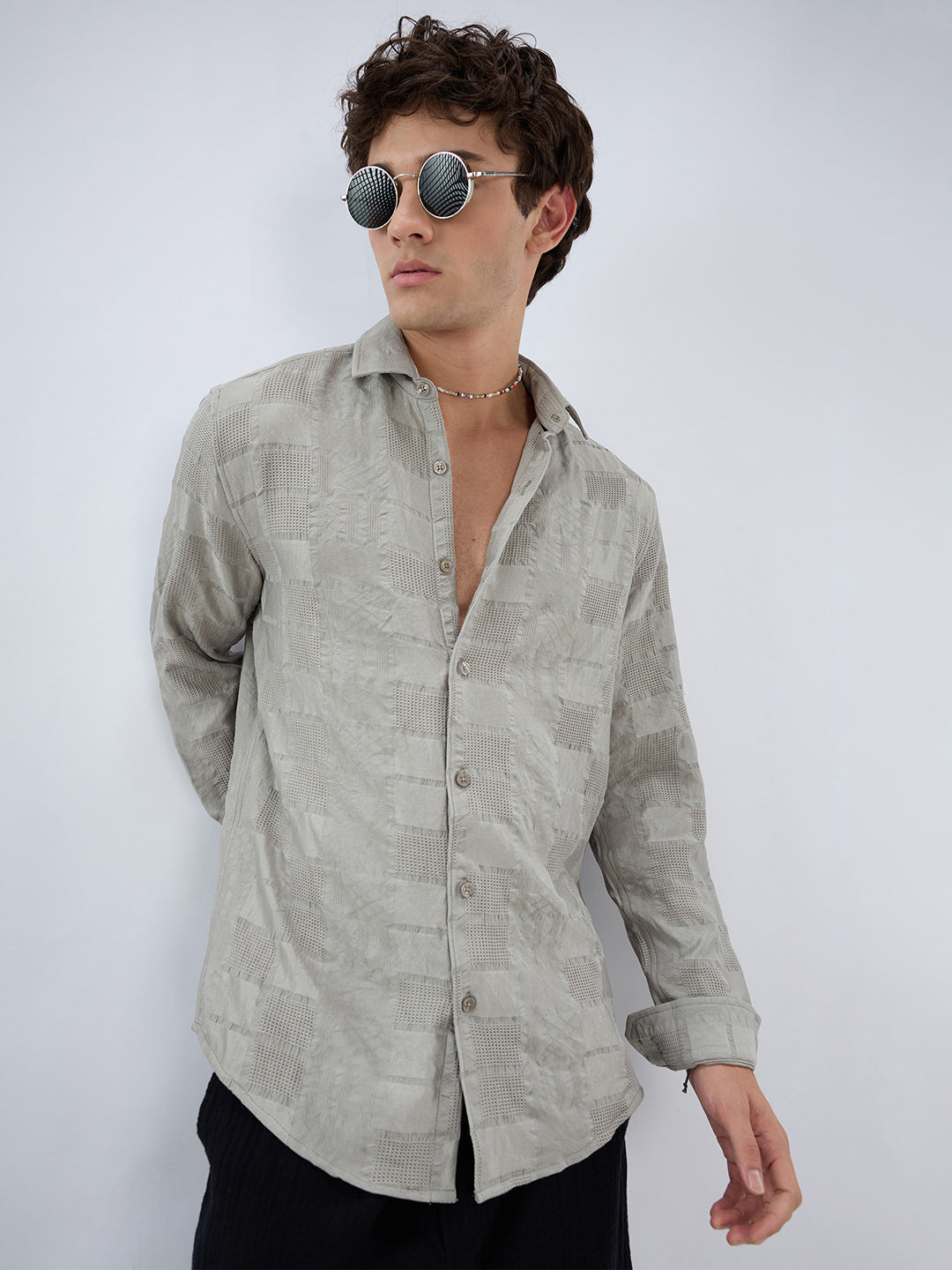 Grey Block Checks Motif Embossed Shirt
