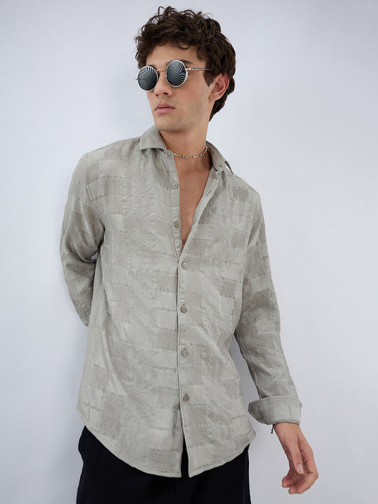 Grey Block Checks Motif Embossed Shirt
