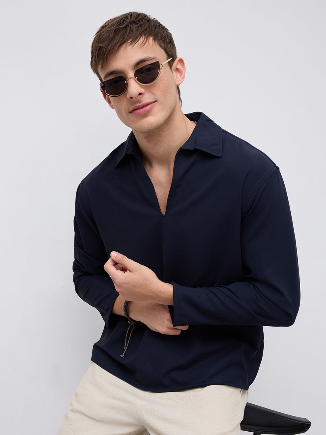 Navy Oversized Polo Tencel Knit Shirt