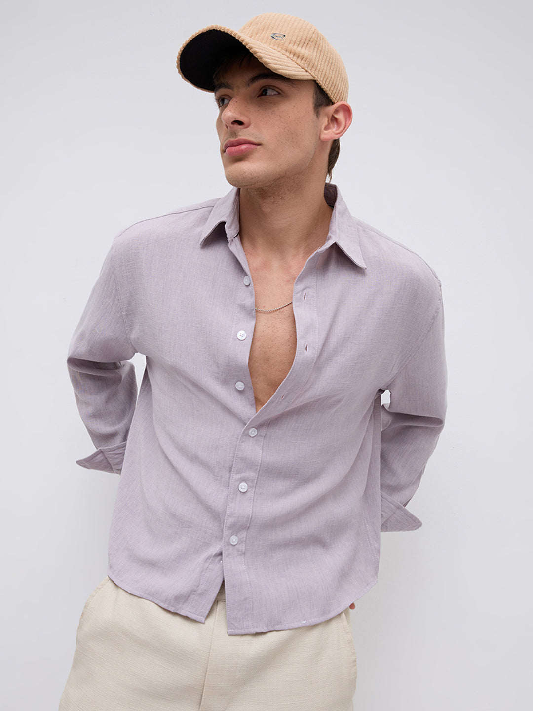 Soft Lilac Smooth Weave Boxy Fit Crop Shirt