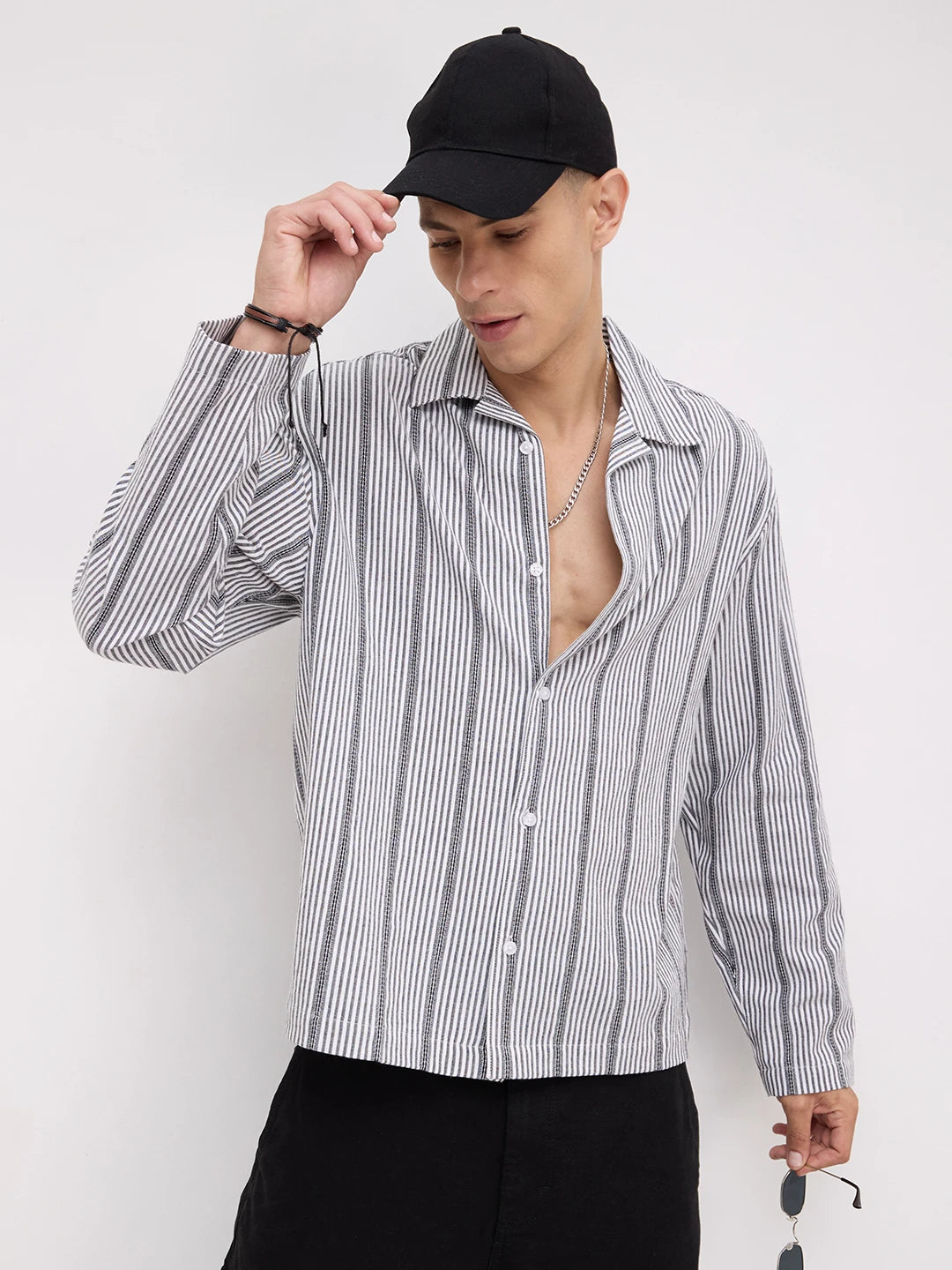 Luxe Monochrome Candy Striped Notch Collar Oversized Shirt