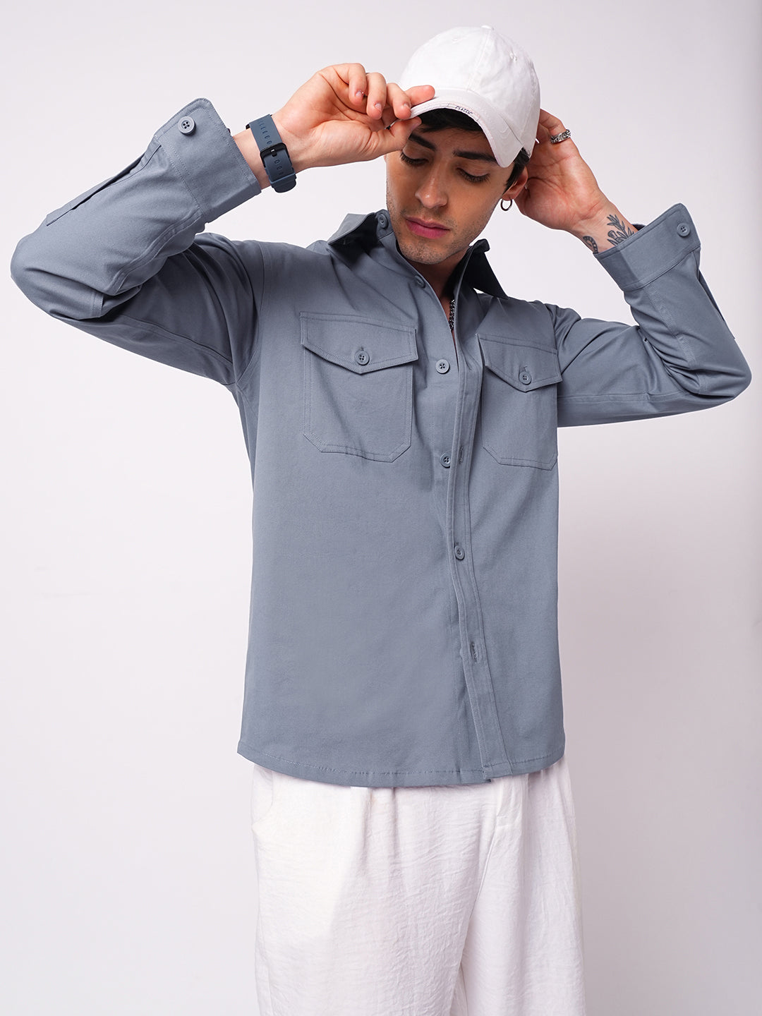 Solid Glaucous Blue Double Pocket Overshirt