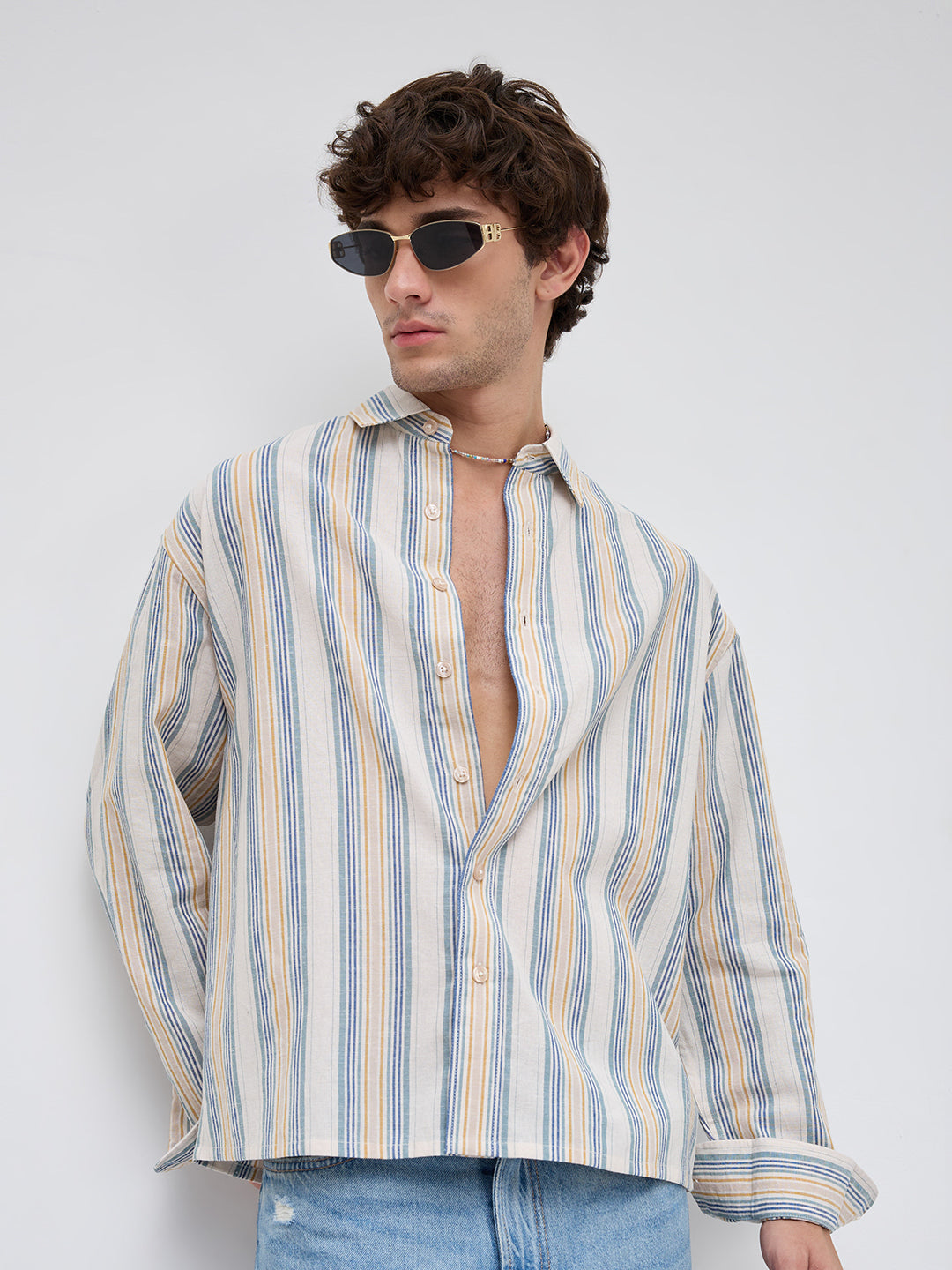 Ornate Multicolor Striped Linen Blend Boxy Fit Crop Shirt