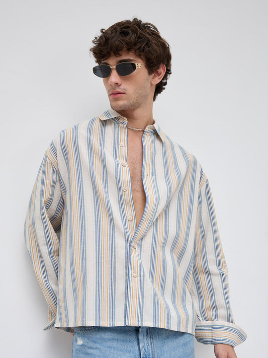 Ornate Multicolor Striped Linen Blend Boxy Fit Crop Shirt
