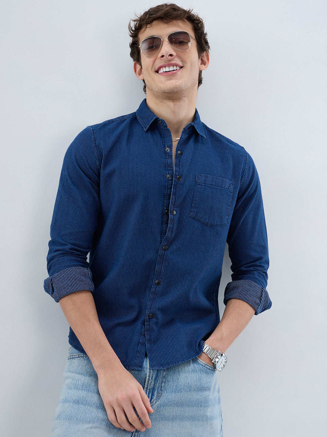 Soigné Navy Pinstripe Denim Shirt