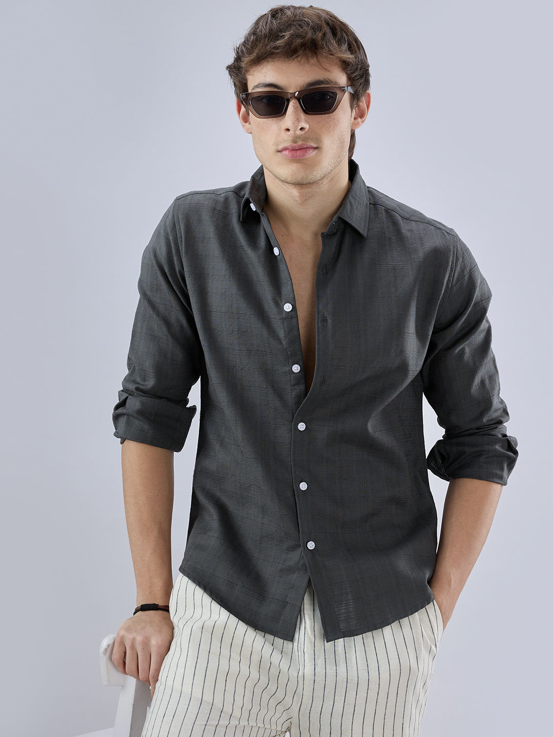 Charcoal Grey Micro Frid Textured Shirt