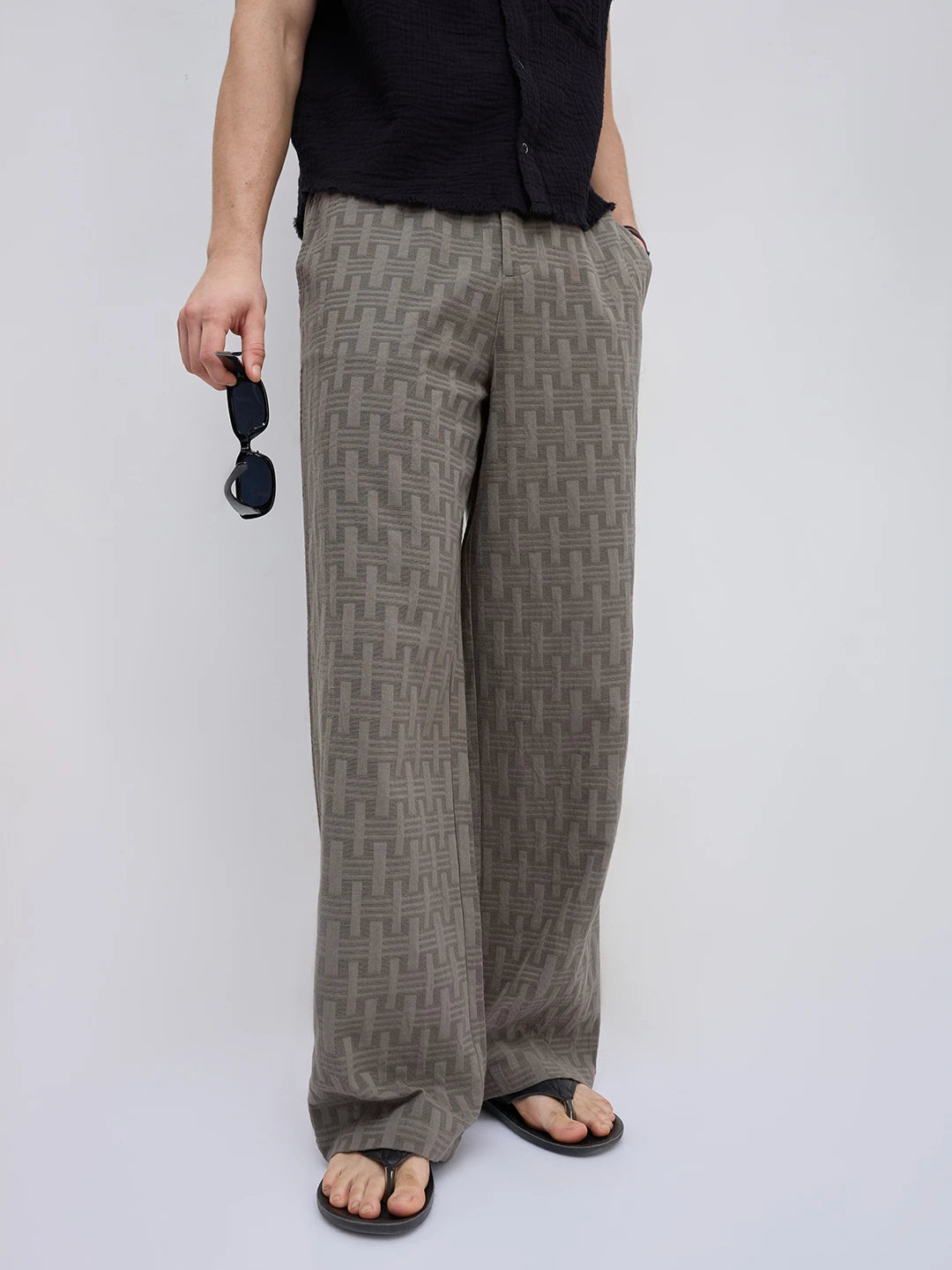 Elevated Grey  Architectural Weave Wide Leg Trousers