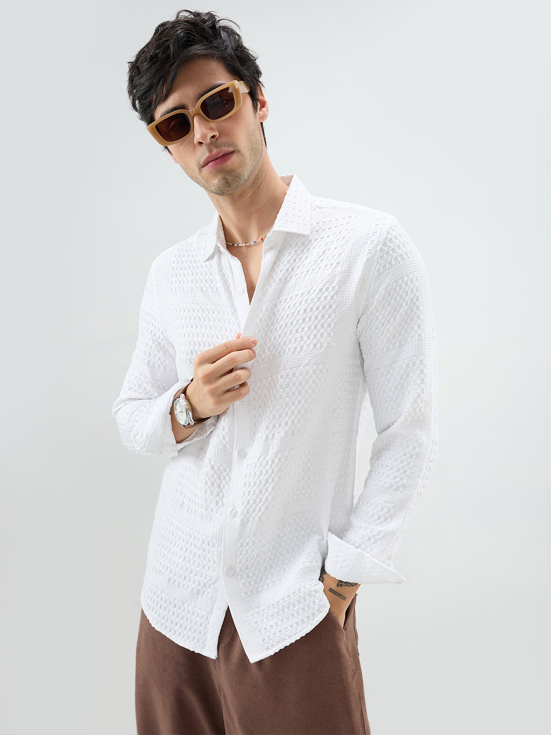 Snow White Geometric Grid Embossed Shirt