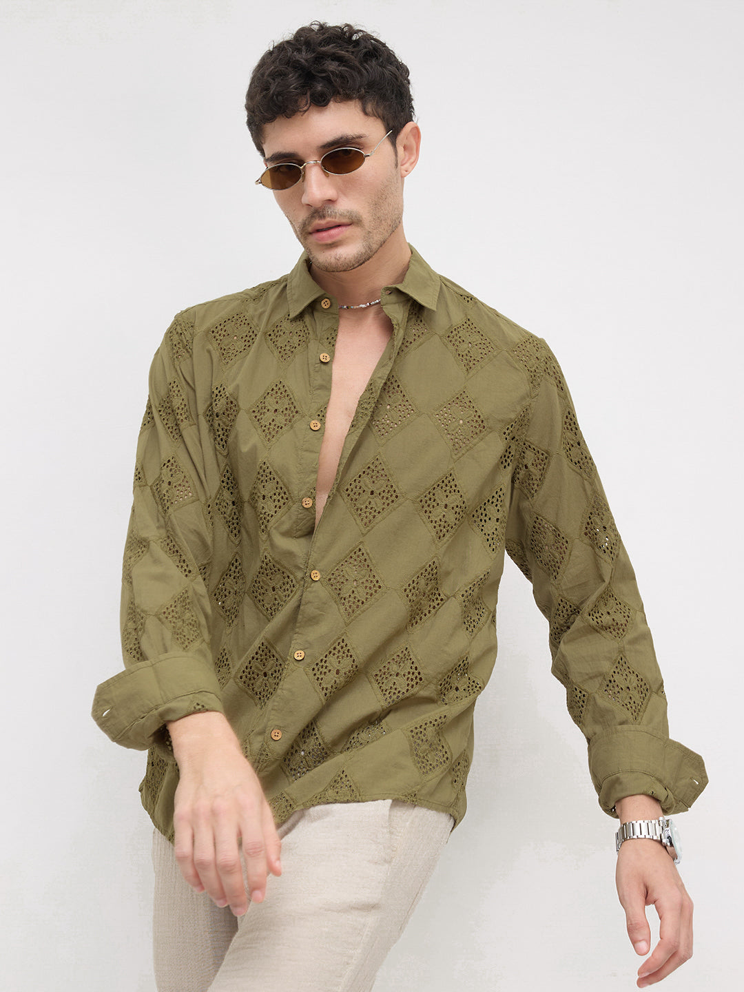 Olive Lozenge Schiffli Shirt