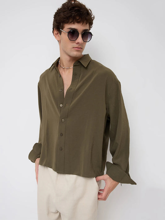 Luxe Olive Ultra Soft Boxy Fit Crop Shirt