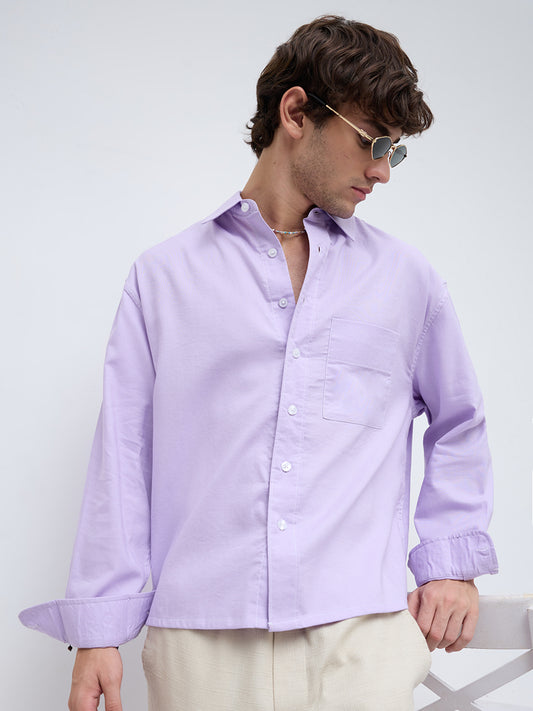 Pastel Lavender Linen Blend Boxy Fit Crop Shirt