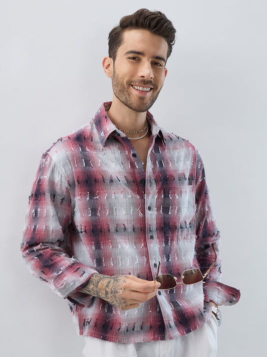 Dusty Red & Grey Distressed Checks Boxy Fit Crop Shirt