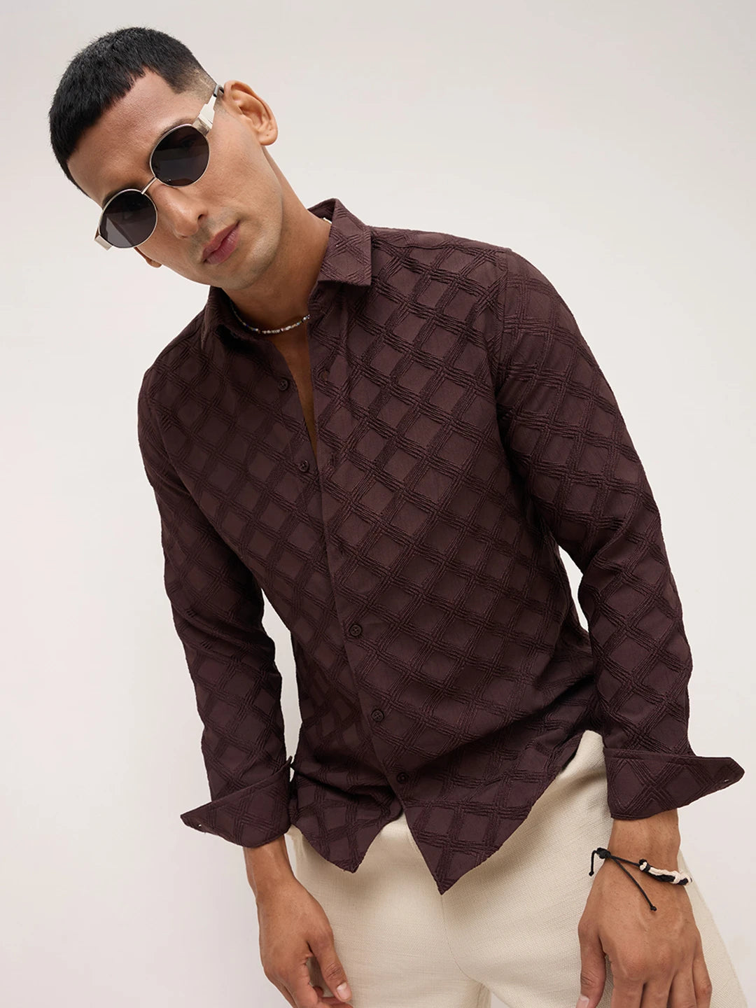 Cocoa Brown Diamond Textured Shirt