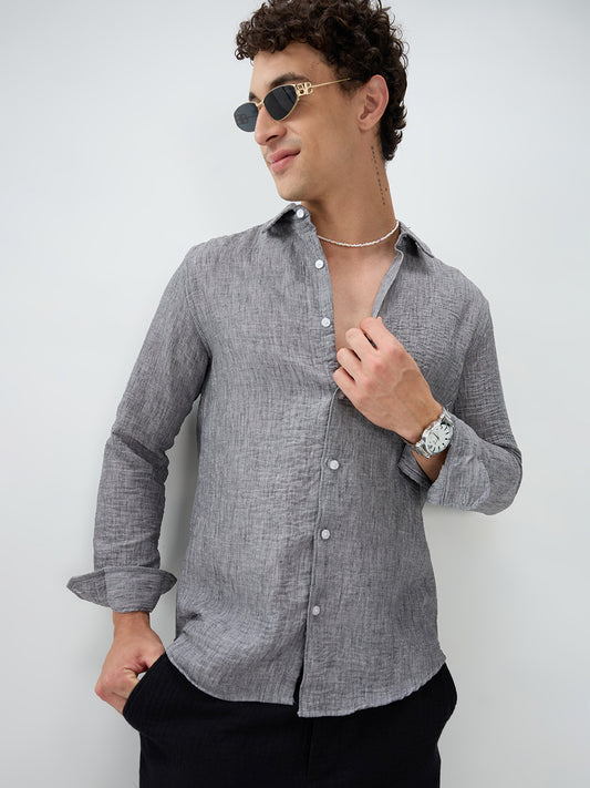 Charcoal Grey Dense-Weave Crinkled Shirt
